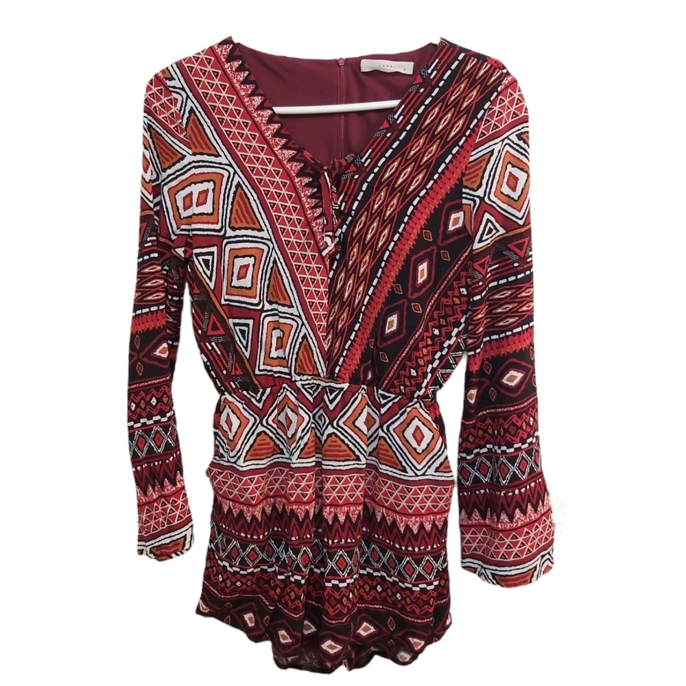 Luna Burgundy Red Patterned Longsleeve Romper Size Small (S)